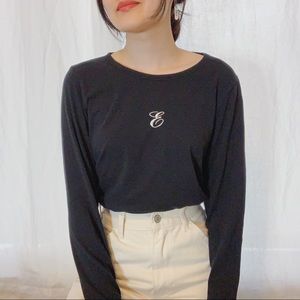 Alphabet “E” Long-sleeves Black Cotton T-shirt